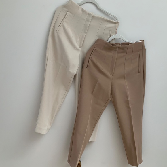 Zara classic waist high cropped pants in taupe and ivory - Picture 2 of 3